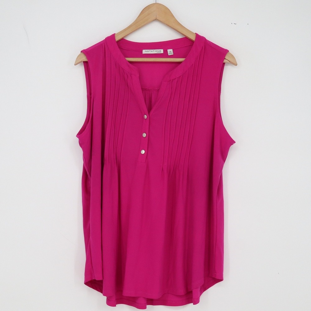 Notations Blouse Womens 2X Pink Pintuck Henley Sleeveless Good